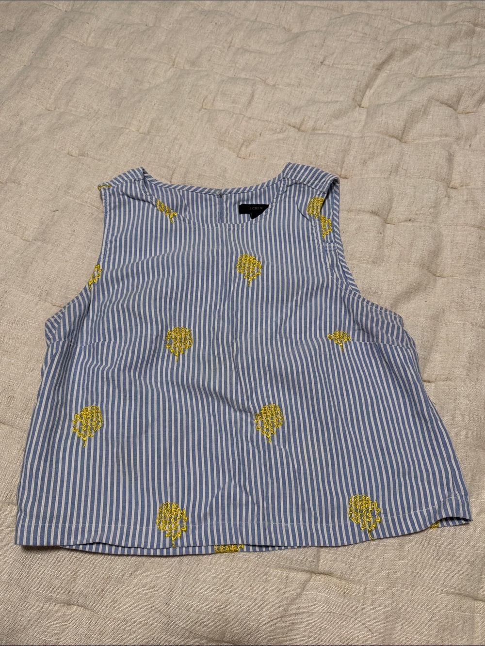 J crew Striped Blue and Pineapple Embroidered Sleeveless Top